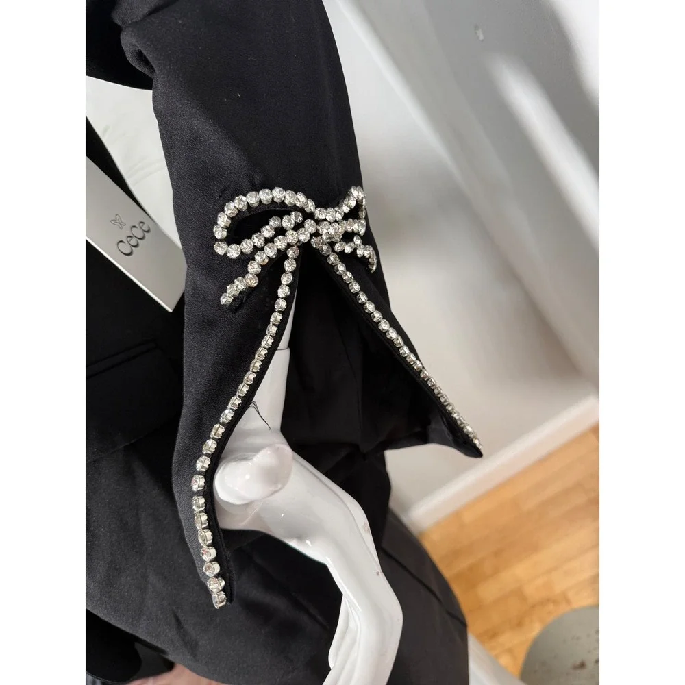 CeCe Rhinestone Bow Sleeve One-Button‎ Blazer Black Elegant Tailored Jacket 4